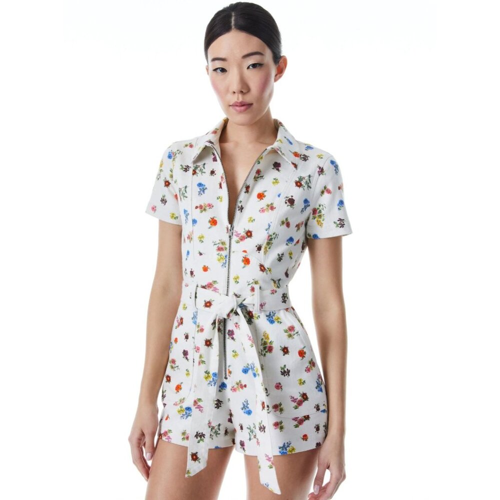 Alice + Olivia Gorgeous Denim Romper With Tie Belt 25 in Off-White Multi $440